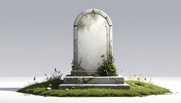 A weathered, blank headstone stands on a small grassy mound, framed by wildflowers against a neutral backdrop