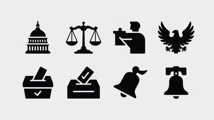 Collection of minimalist black silhouettes representing democracy and government including symbols of law voting and freedom on gray background © Shovon