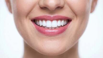 Fototapeta premium Perfect white teeth of a smiling woman shown in extreme close-up isolated on white background for dental health and beauty concept.