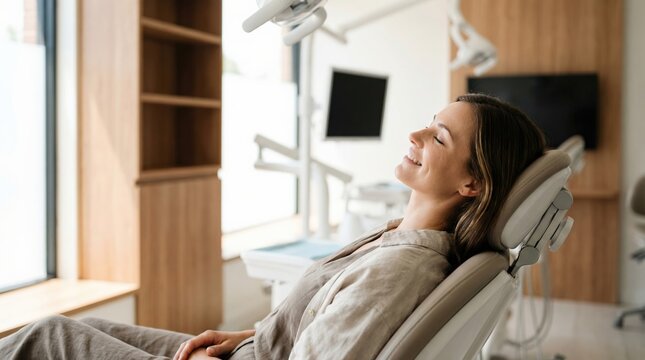 Satisfied young woman relaxing comfortably in a modern dental chair in a clean dental clinic with copy space for patient wellness concept.