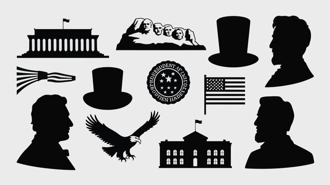 Collection of black silhouette illustrations of american symbols and historical figures on gray background