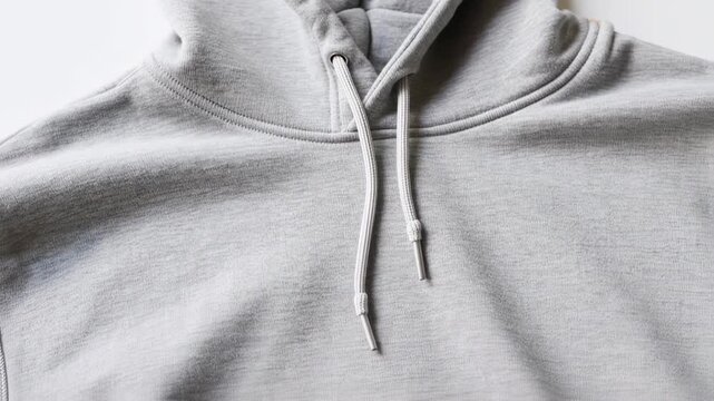 Close-up of a grey hoodie with a drawstring and textured fabric