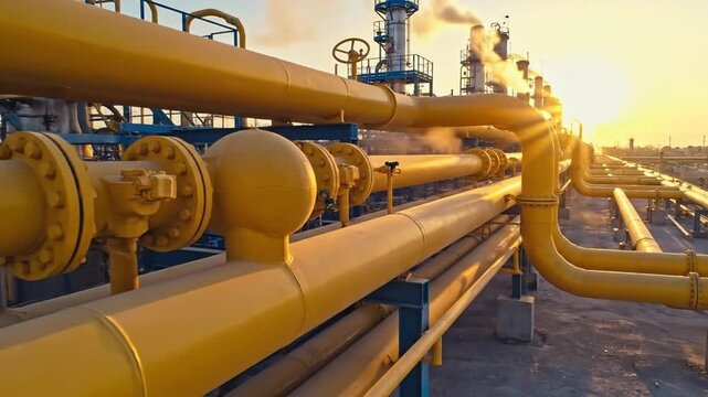 Industrial landscape featuring a network of yellow pipes and valves, conveying energy resources.