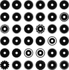 Circular saw blade silhouette icons set, industrial cutting tools collection, black vector machinery elements isolated on white background
