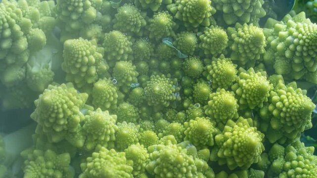 Close-up of a vibrant green Romanesco broccoli, showcasing its fractal and geometric patterns.