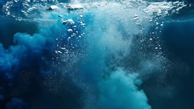 Dynamic underwater view of turbulent, frothy blue water with rising bubbles and clouds