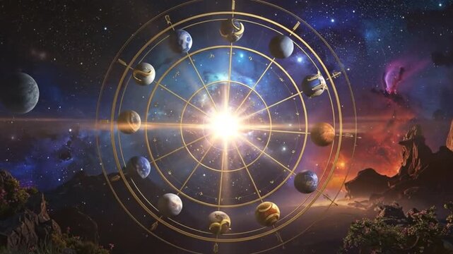 Celestial alignment of planets in a golden zodiac wheel against a cosmic background.