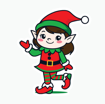 Christmas Elf Cartoon Line Art &ndash; Black-and-White Illustration with Red and Green Outfit, Pointed Ears, Hat, and Playful Pose