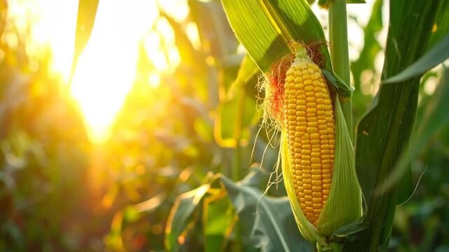 Golden corn cob growing in a field during a sunny day, agriculture concept.