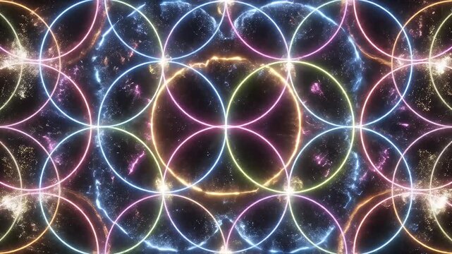 Interlocking glowing circles form an abstract, cosmic pattern with sparkling lights