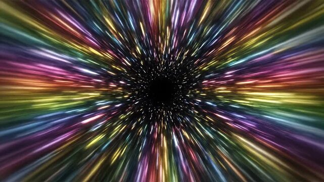 A multicolored light tunnel with streaks of light zooming into a central black void