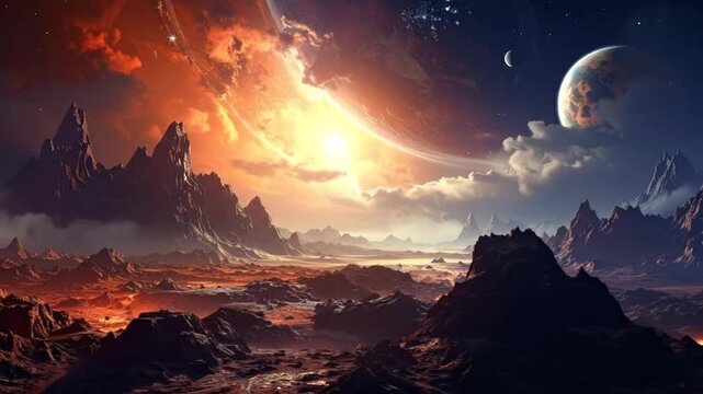 Dramatic space landscape with y terrain, planets, and vibrant celestial clouds.