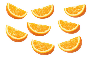 Orange slices falling on transparent background, showing juicy citrus fruit segments for fresh drinks and healthy eating