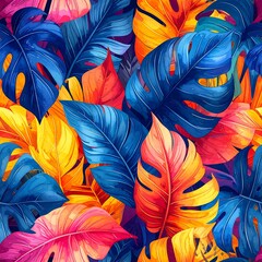 Colorful, stylized tropical leaves create a vibrant, repeating pattern