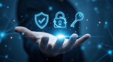 Fototapeta premium Digital Hand Displaying Blue Cybersecurity Icons: Protection, Lock, and Key for Network Safety and Defense