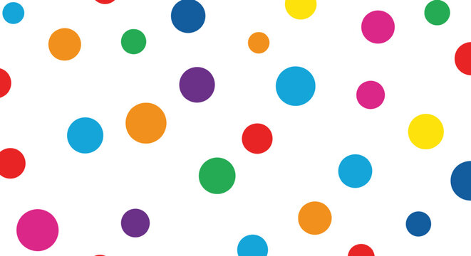 Assorted color polka dots are scattered across a white background