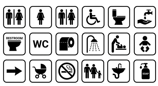 Toilet & restroom icon collection. Includes male, female, disability and baby changing room symbols. Isolated black and white vector pictogram, ideal for signs in public places.