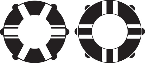 Fototapeta premium Two black lifebuoy ring icons, representing safety, rescue, water, and maritime themes. Vector graphic isolated on a white background.