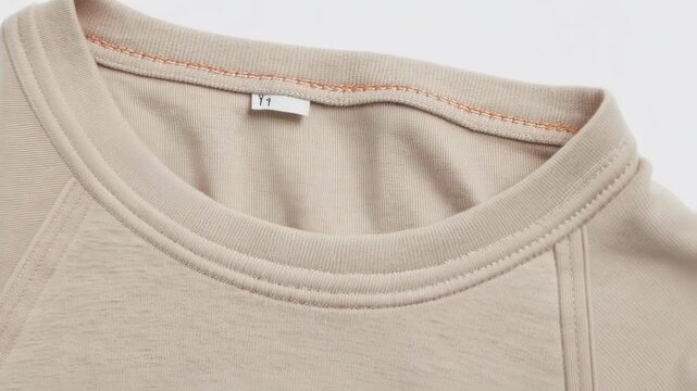 Close-up of a beige crew neck shirt's collar and shoulder details, label included