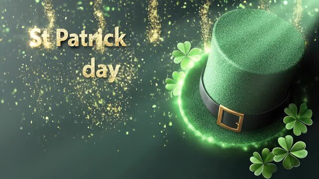 St Patrick day festive display. Vibrant green hat, shining shamrock leaves, bright golden glitter, and luminous mystical light on a deep emerald backdrop.