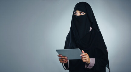 Tablet, space and islamic woman with burka in studio with research or contact for ramadan on app....