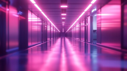 Fototapeta premium Futuristic glowing neon hallway with glass walls and reflective floor in pink red and blue showcasing advanced sci fi architecture and innovative digital design