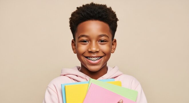Happy young boy smiling holding colorful books in classroom or library setting for educational and school related projects and promotions