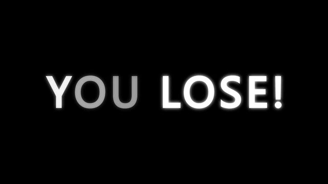 You Lose! text flicker animation with glowing letters and alternating light effect, flashing typography style. 4K video text animated for video editing and vintage arcade game.