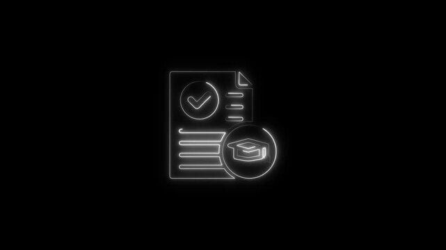 Neon glowing graduation certificate approval document with checkmark and academic cap in futuristic cyberpunk style for education success and qualification achievement