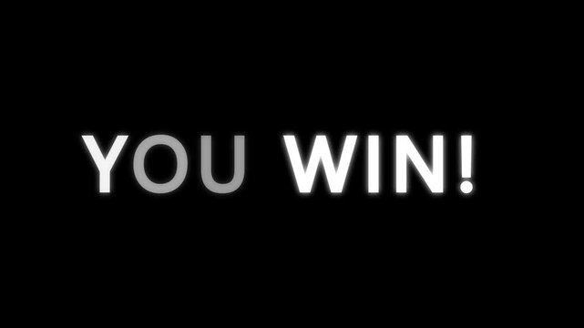 You Win text flicker animation with glowing letters and alternating light effect, flashing typography style. 4K video text animated for video editing and vintage arcade game.