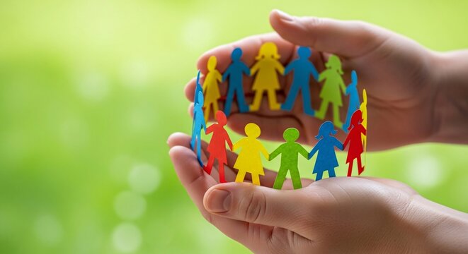 Diverse group of colorful paper cutout human figures holding hands in a circle inside transparent glass sphere symbolizing unity community and teamwork