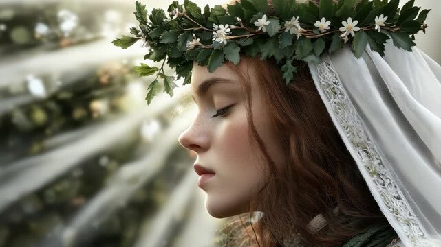 Mystical maiden with a verdant wreath and flowing veil, immersed in sunbeams, symbolizes vernal equinox and the rejuvenating spirit of spring