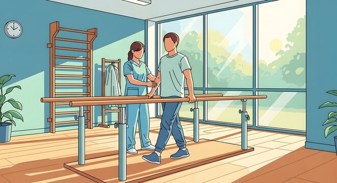 Physical therapist assists a male patient walking between parallel bars during rehabilitation exercises in a bright, sunny therapy room.
