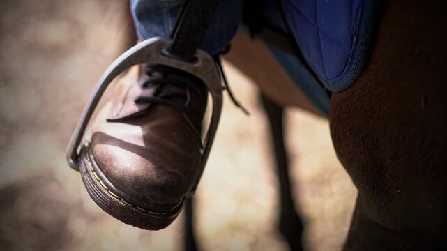 Equestrian boot resting in the stirrup attached to a saddle ready for a ride.