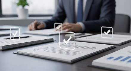 Businessman reviewing and approving documents with digital check marks at desk.