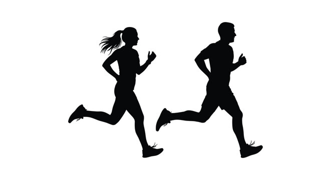 Silhouette of a man and a woman running together during outdoor fitness or marathon training exercise