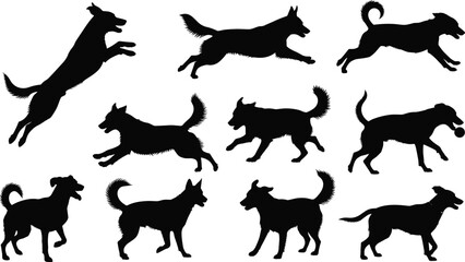 Dog silhouette set, running and jumping dog poses, canine animal vector illustration, pet activity silhouettes collection, isolated white background