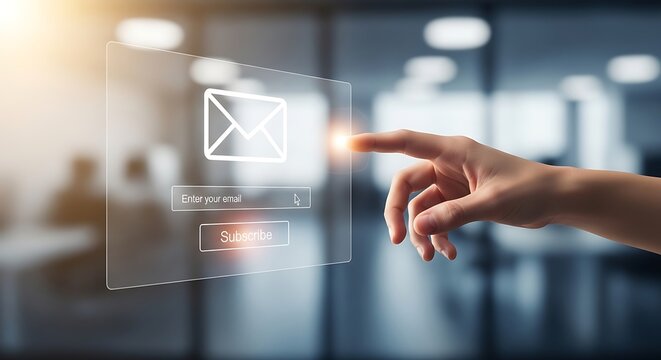 Hand interacting with a digital email subscription form, promoting online newsletter sign-up.