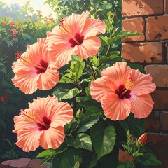 Coral hibiscus blossoms in sunlight next to a brick wall