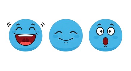 Three Blue Emoji Faces Expressing Different Emotions on White Background.