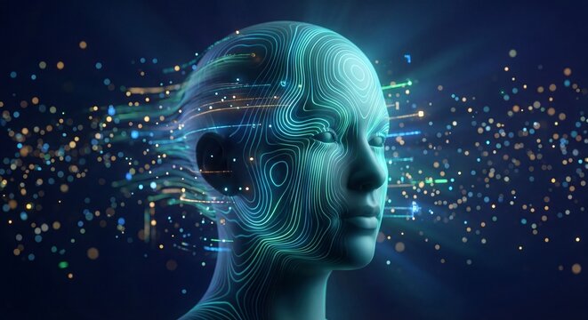Artificial Intelligence Concept with Glowing Human Head Silhouette and Digital Data Lines