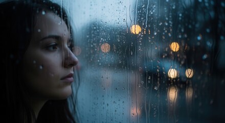 A person looks out a window covered in raindrops with blurred streetlights in the background on a dark wet day