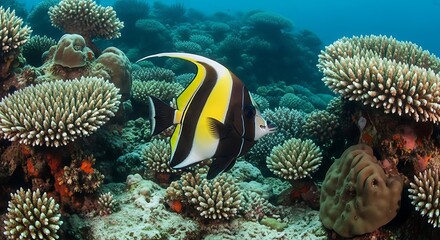 Vibrant Underwater Scene - Moorish Idol Fish Swimming Near Coral Reefs.