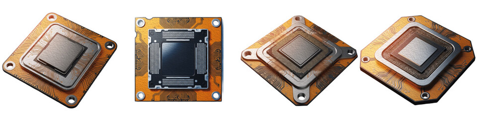 Set of high-tech computer processors and microchips with gold circuits isolated on white background