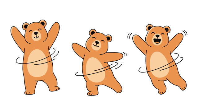 Adorable set of three brown bear characters playfully dancing and hula hooping with happy faces on a clean white background.