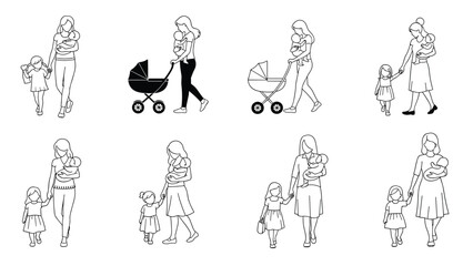 Fototapeta premium Outline drawings of mothers walking with babies in carriers or pushing strollers, accompanied by young children in various poses.