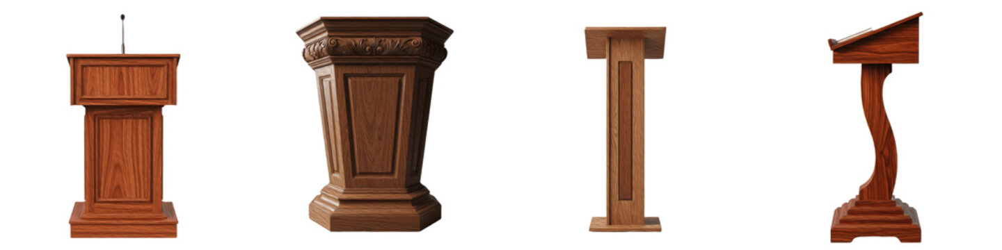 Set of professional wooden podiums and lecterns for public speaking and presentations isolated on white background