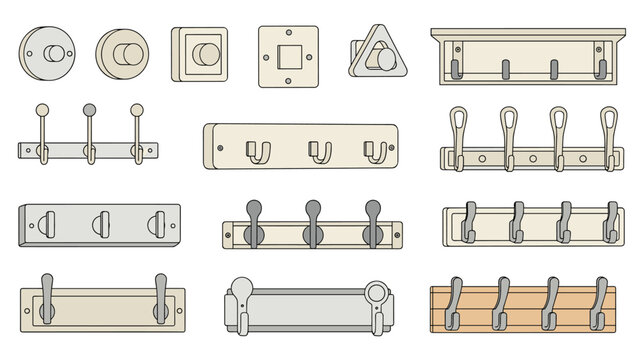 Collection of diverse wall mounted coat hooks and racks for home organization including single and multi hook designs in different styles.