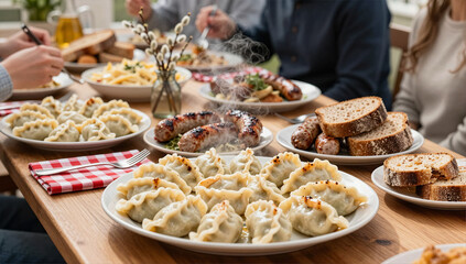 Obraz premium Traditional Polish Feast with Pierogi and Kielbasa