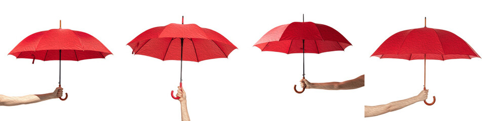 Set of hands holding red umbrellas in various positions for protection and safety concept isolated on white background © Ganesha